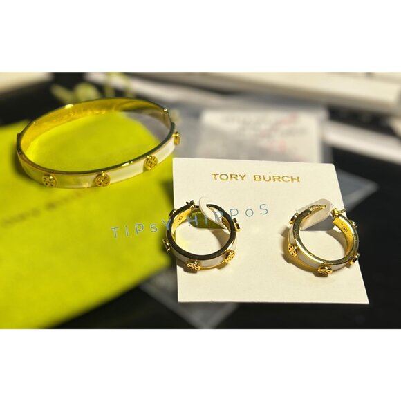 TORY BURCH WHITE AND GOLD MILLER HINGE BRACELET & EARRING SET - Picture 8 of 12
